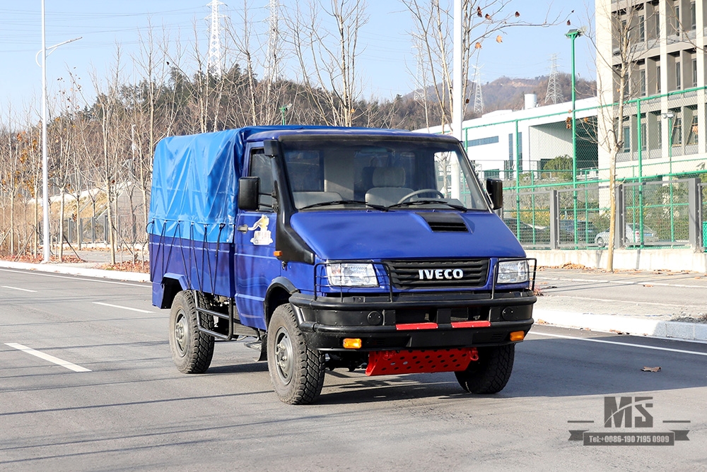 Синий полноприводный внедорожник IVECO_4*4, однорядный микролегкий грузовик с короткой головкой мощностью 113 л.с. и брезентовым столбом_Специальный автомобиль для экспорта
